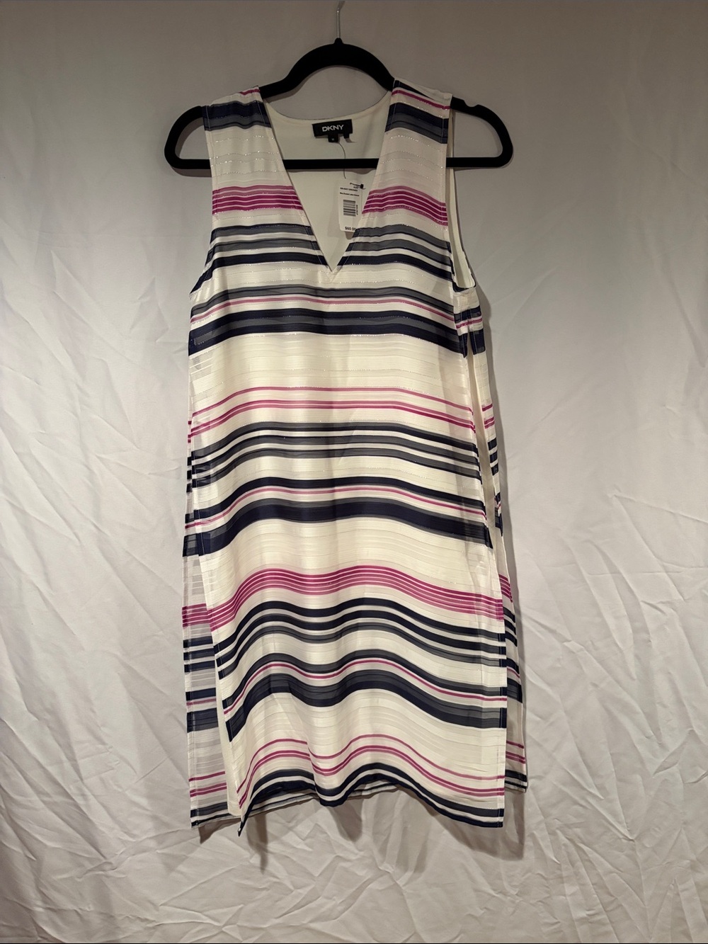 DKNY Striped Sleeveless V-Neck Shift Dress in White, Navy & Pink